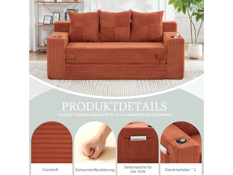 Canapé modulable 2 places orange en velours côtelé avec rangement latéral et portes-gobelets - Conforama D