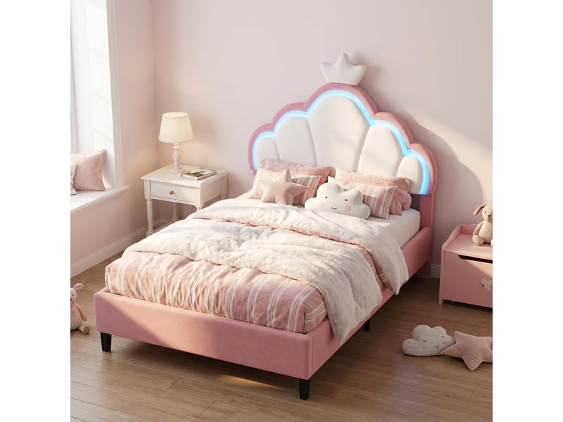 Lit enfant 90x190 cm avec éclairage led, lit simple avec tête de lit couronne réglable et sommier, velours, rose et blanc  - Conforama D