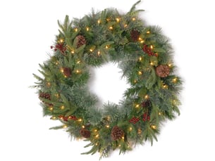 Couronne de noël lumineuse 50 cm, sapin artificiel avec pommes de pin, baies rouges et minuterie