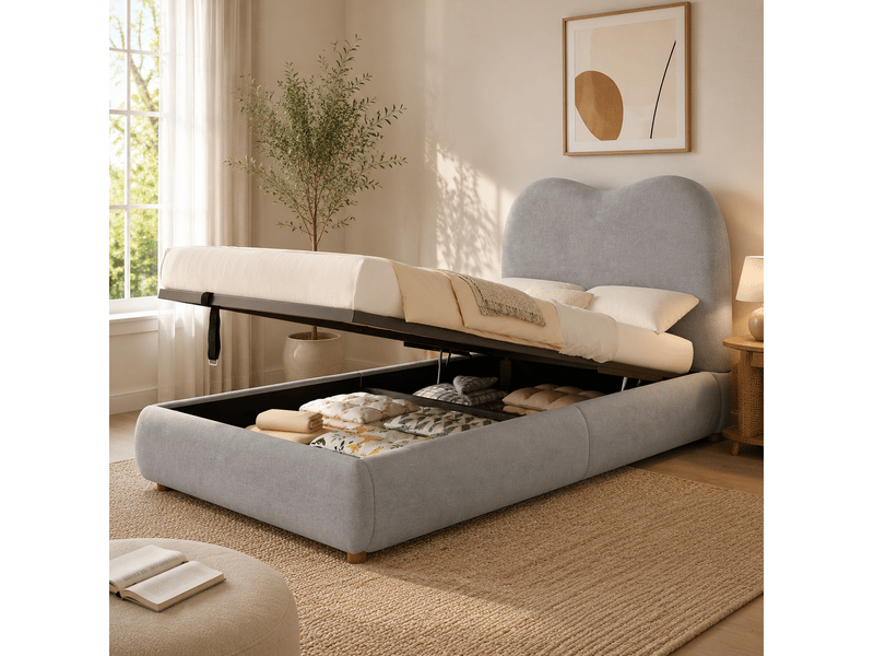  Lit enfant, coffre hydraulique, dossier épais de 11 cm, cadre intégré, matelas non inclus, univers enfant, coloris gris  - Conforama D