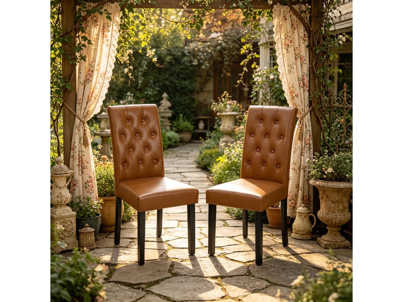  Chaises de salle à manger lot de 2 à dossier haut  - assise rembourrée, simili cuir et bois massif marron  - Conforama C