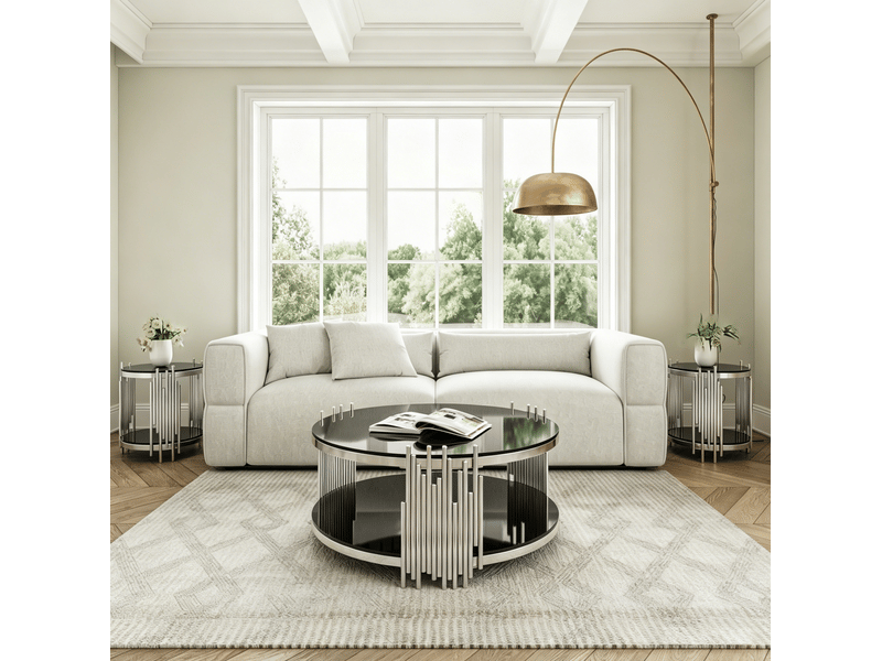  Table basse ronde 80 cm en verre trempé noir et acier inoxydable argenté  - Conforama D