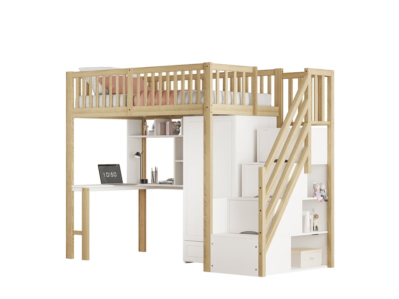 Lit mezzanine 90x200 cm, lit enfant avec armoire, bureau et tiroir, lit 1 place, bois, blanc et naturel, sans matelas  - Conforama A