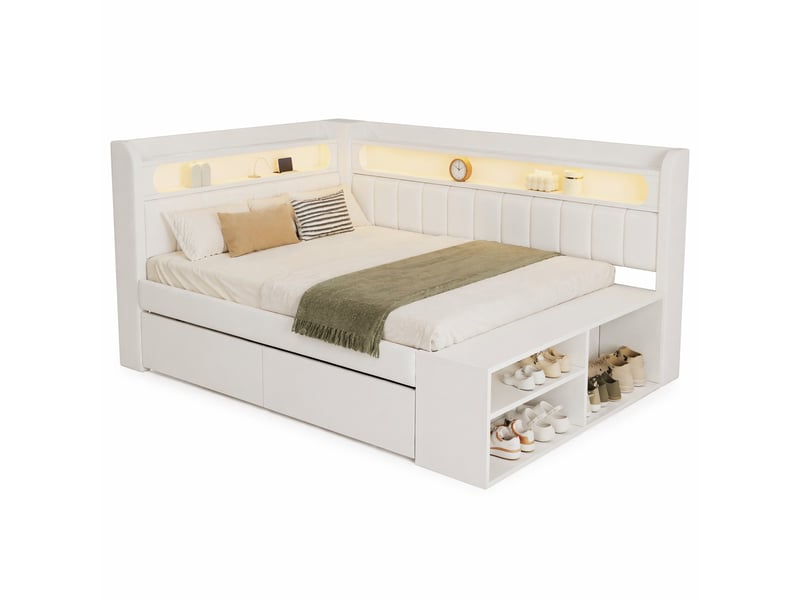  Lit simple 90x200 cm éclairage led et port usb en mdf, contreplaqué et lin blanc  - Conforama A