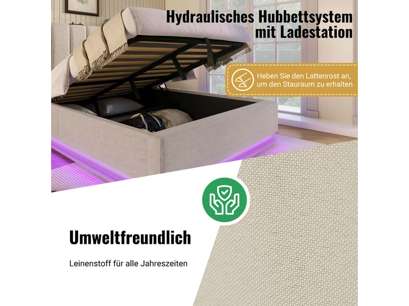 Lit coffre,180x200 cm,avec led et usb-c,lin,beige - Conforama E