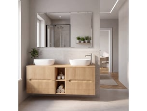 Meuble sous vasque suspendu avec étagère et plan 4t novo l.140 cm effet chêne hikora