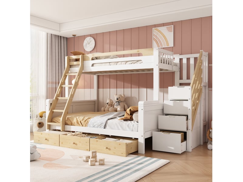  Lit superposé familial 90 × 200 cm et 140 × 200 cm avec escalier de rangement, 3 tiroirs, échelle, sans matelas  - Conforama B