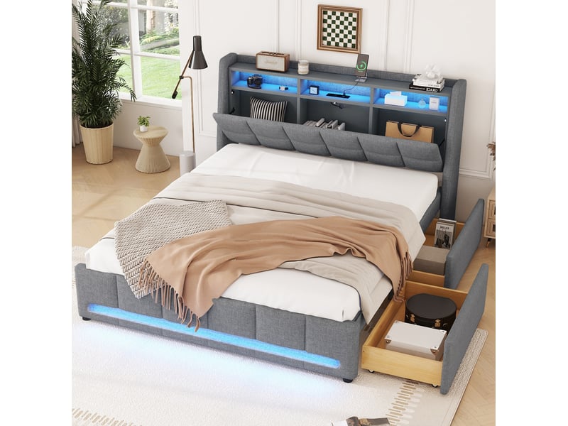  Lit 2 places 140x200 cm avec rangement, led et usb gris  - Conforama E