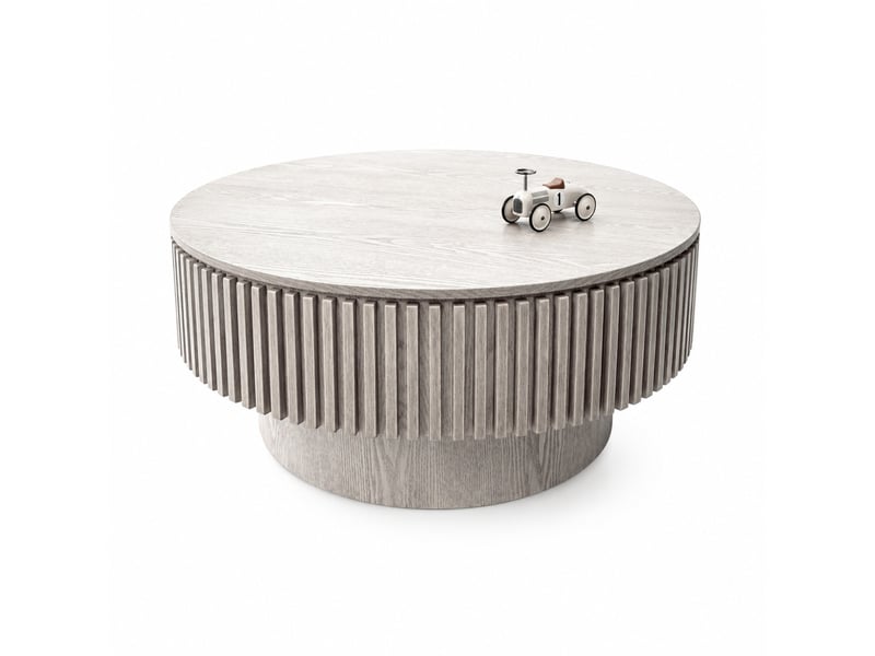  Table basse ronde avec rangement dissimulé sous plateau, finition bois blanc rétro, pour salon et chambre, 82 × 25 × 82 cm  - Conforama A