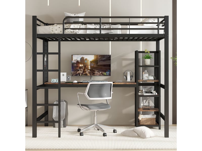  Lit mezzanine 90x200 cm avec bureau et rangements intégrés-échelle et garde-corps en métal-structure mdf et métal-noir  - Conforama B
