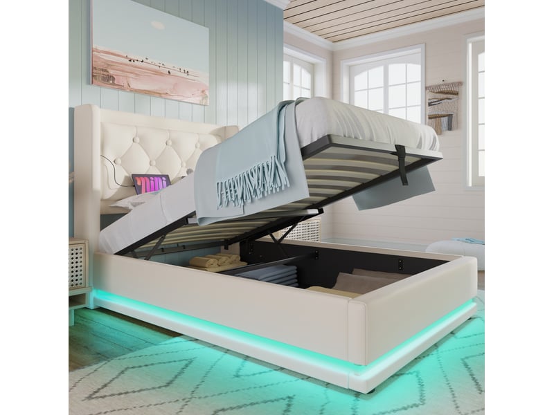  Modenvie lit coffre 90x200 cm - rangement hydraulique, ports usb et usb-c, sans matelas - blanc  - Conforama E
