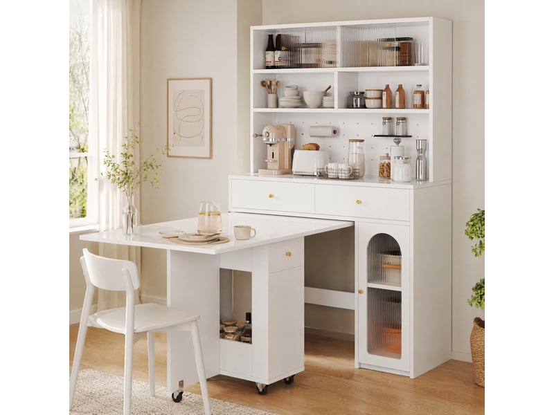  Ensemble de meubles de cuisine avec table à manger pliante sur roulettes, blanc, mdf  - Conforama D
