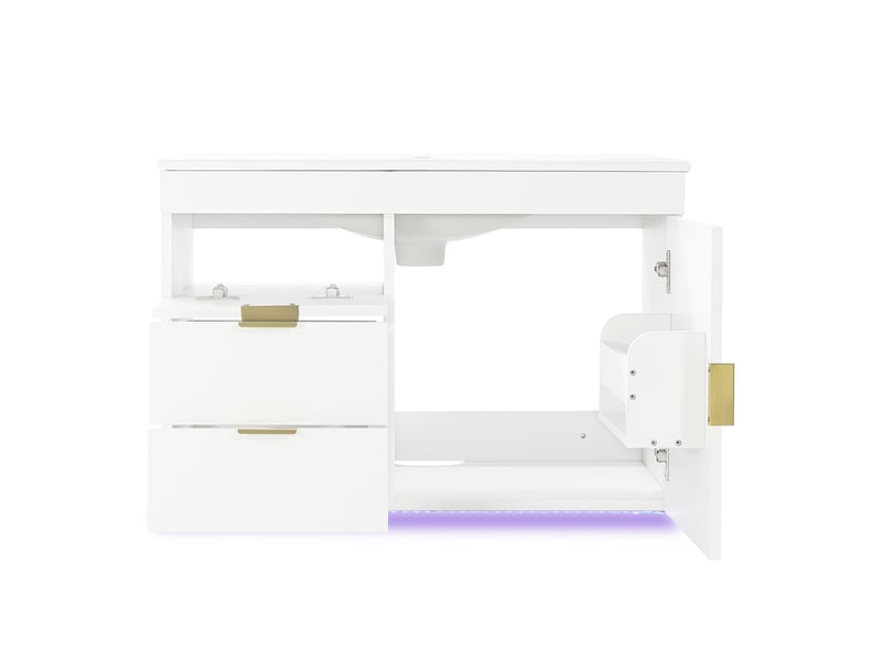 Meuble sous vasque mural avec 2 tiroirs, 1 compartiment et led avec application pour salle de bain en mdf, 77×47×51 cm, blanc - Conforama A
