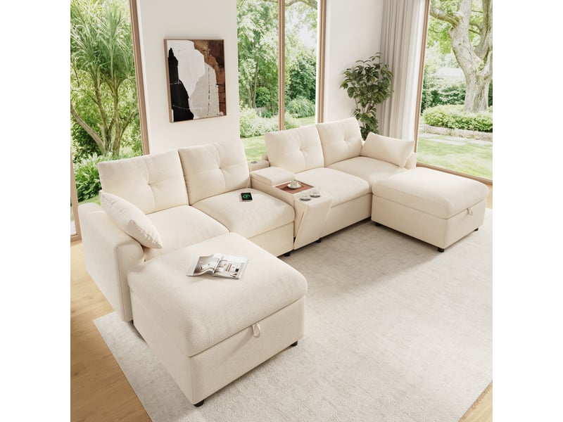 Canapé d’angle modulaire modenvie 6 places en u ou en l avec 2 poufs de rangement, console centrale, usb et type c, chenille beige, 316 x 140 x 84,5 cm - Conforama E