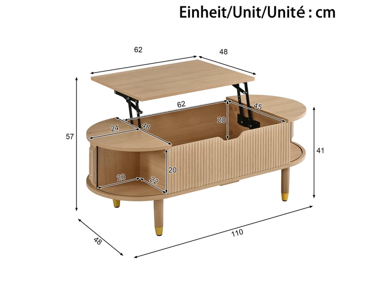  Table basse ovale relevable 110 x 48 cm en mdf, rangement et portes coulissantes  - Conforama C