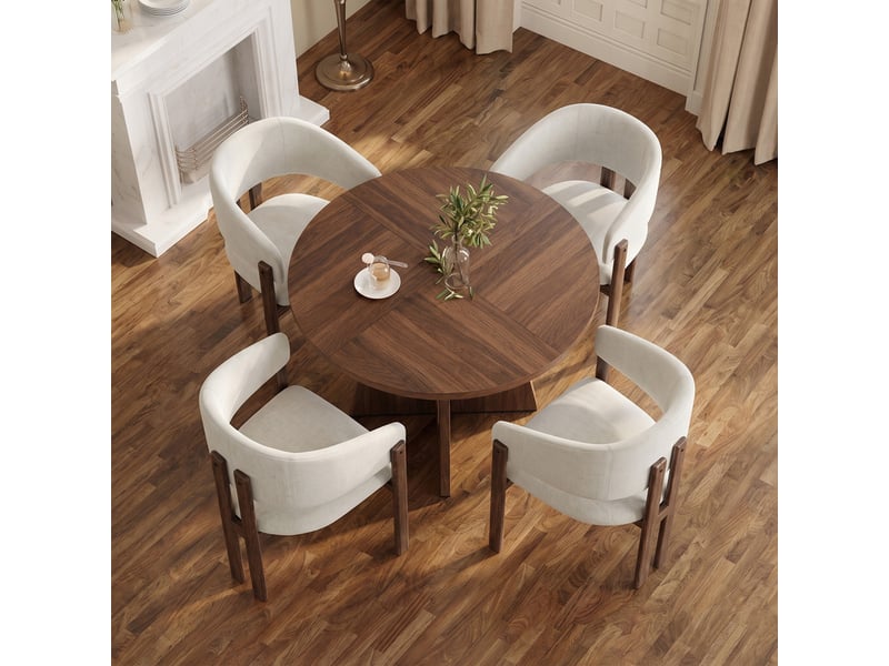 Ensemble table et chaises 4-6 pers, table ronde noyer 120cm design scandinave, 4 chaises métal effet boislin noyer - Conforama D