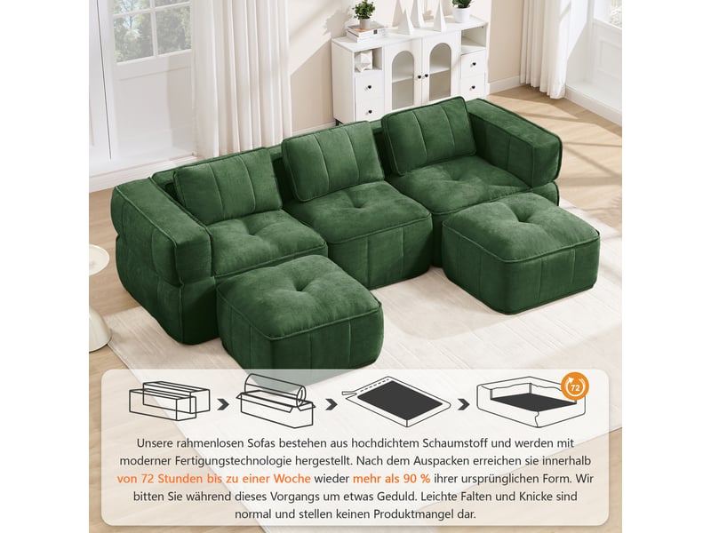  Canapé modulaire en u 3 places avec 2 poufs, assise profonde - lpospi - sans cadre, accoudoirs larges, polyester vert  - Conforama E
