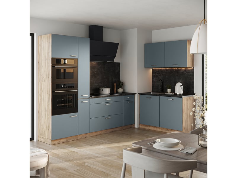  Vicco cuisine en angle, bleu-grischêne doré, 230 x 120 cm plan de travail marbre  - Conforama C