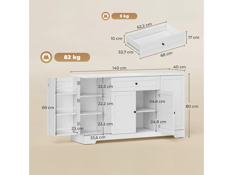  Buffet de cuisine 140x40x80 cm 4 portes 1 tiroir fermeture en douceur mdf et panneau de particules blanc  - Conforama C