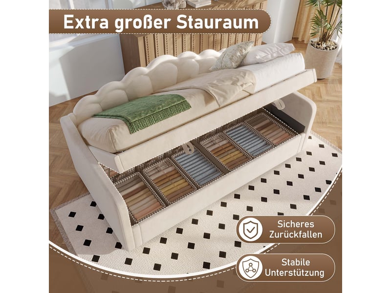  Lit de repos 90x200 en velours beige, canapé-lit avec coffre et éclairage led, 98x214x87cm  - Conforama W