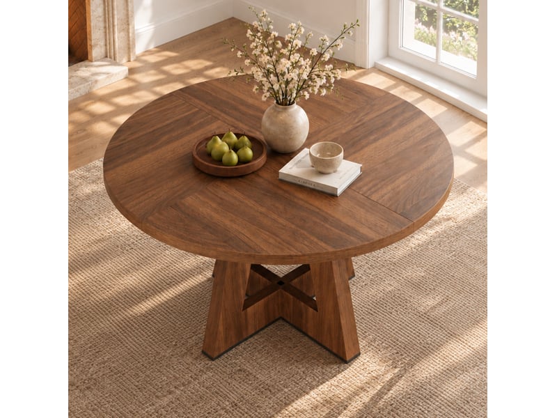  Table à manger ronde 120x120 cm style scandinave, structure en mdf, couleur marron  - Conforama E