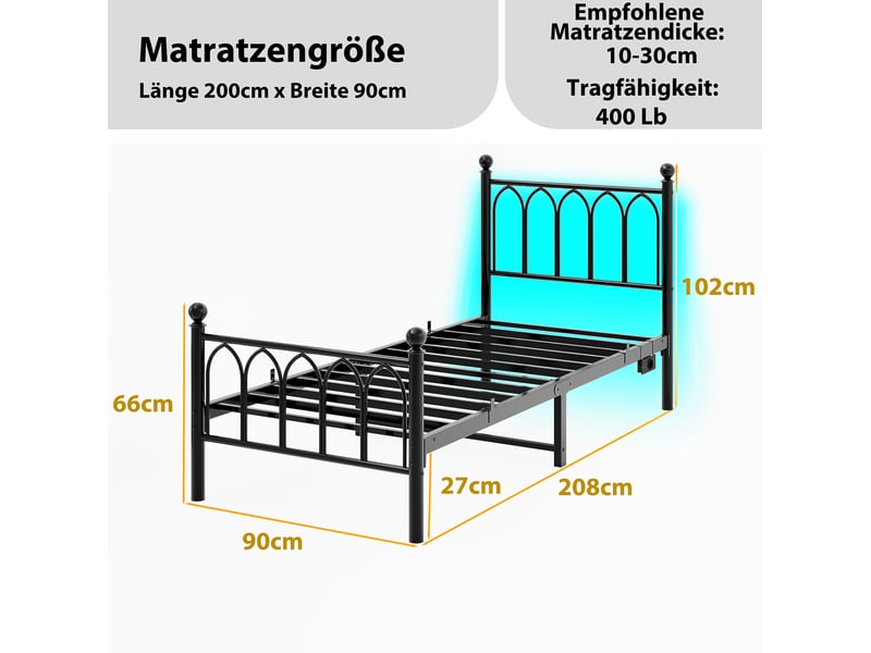  Lit enfant simple 90x200 cm en métal noir avec led, usb et prise  - Conforama C