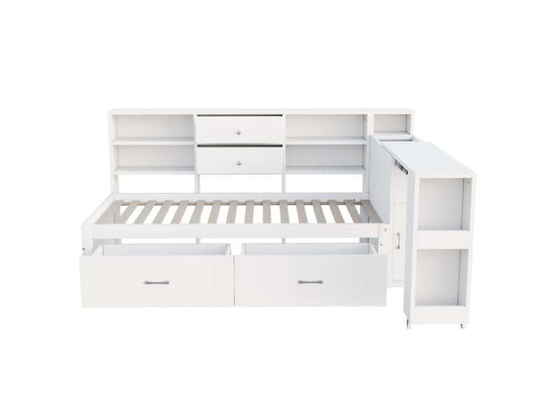  Lit simple multifonction 90x200cm 2 grands tiroirs bureau extensible 40 cm 2 usb + prise ronde bois blanc sans matelas  - Conforama A