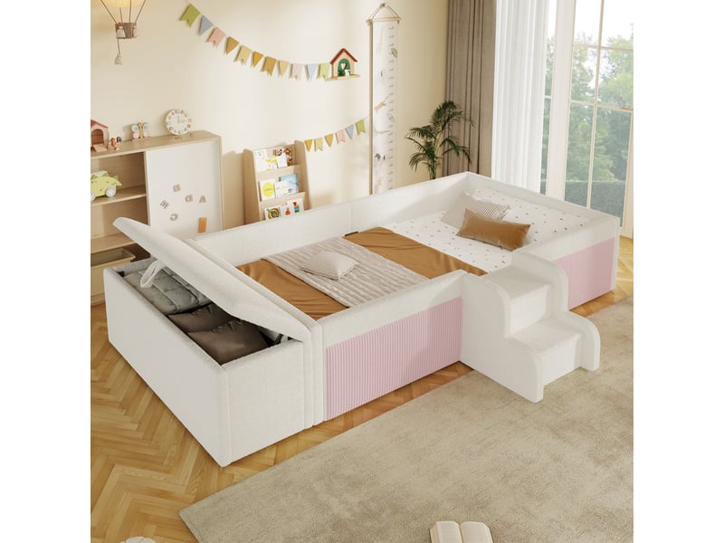  Lit banquette rembourré 90x190 cm avec marches et rangement en velours,  blanc Morn Vibe - Conforama D