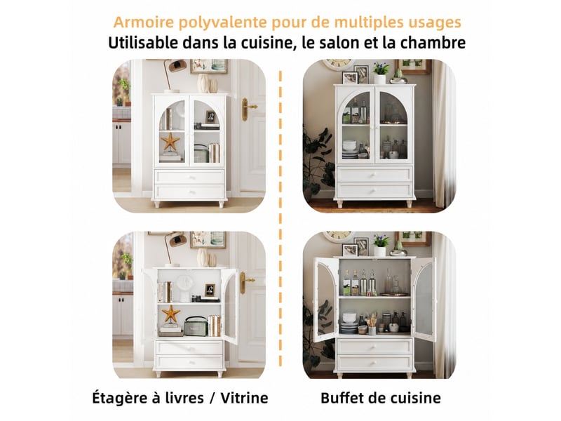  Buffet blanc style campagne avec portes vitrées cintrées, 2 tiroirs, 71 x 38 x 106,5 cm  - Conforama E