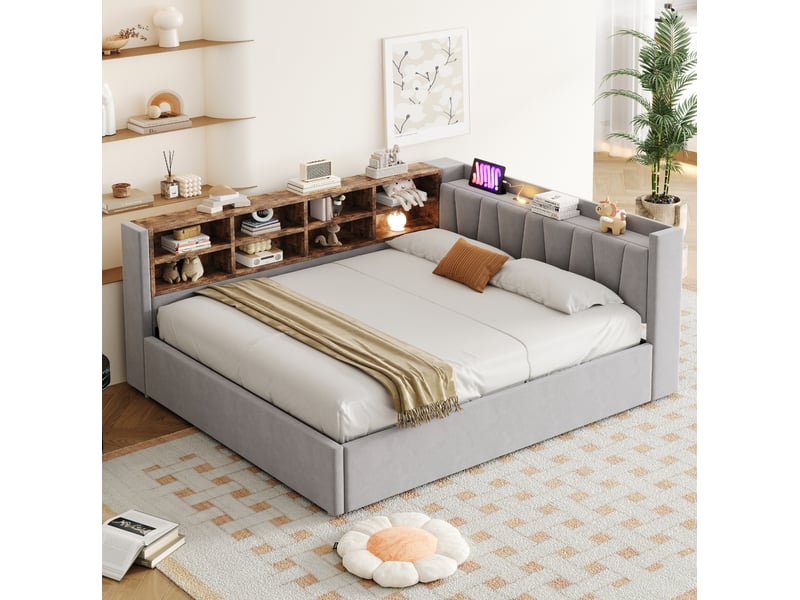  Lit rembourré 140 x 200 cm avec rangement hydraulique, éclairage de nuit et ports usbusb-c gris clair  - Conforama D