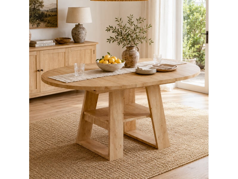  Table à manger extensible ronde 110150x110x75 cm avec rangement, chêne clair  - Conforama C
