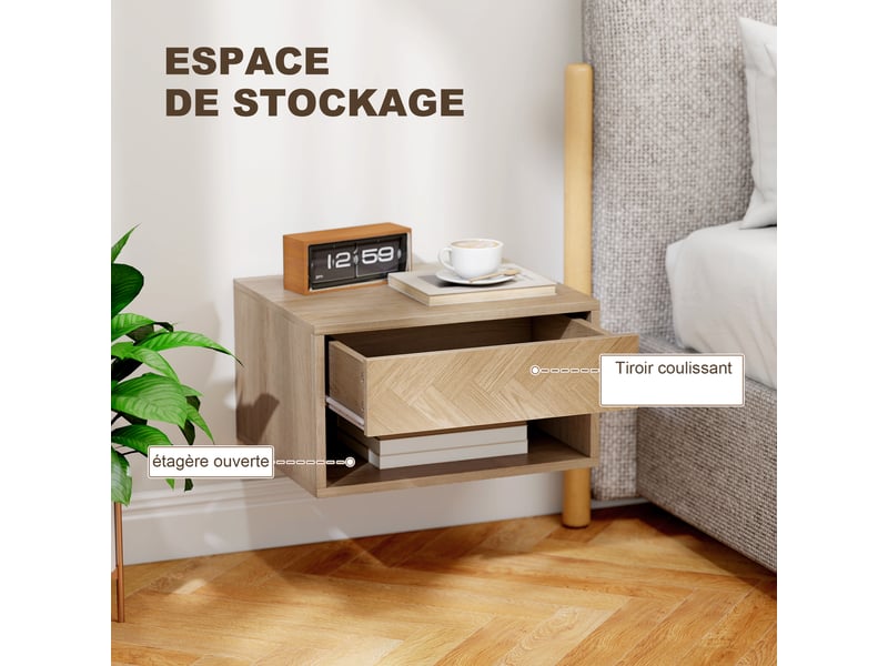  Lot de 2 tables de chevet murales, tables de nuit, tiroir, compartiment ouvert, plateau, 37 x 32 x 21 cm, bois naturel  - Conforama R