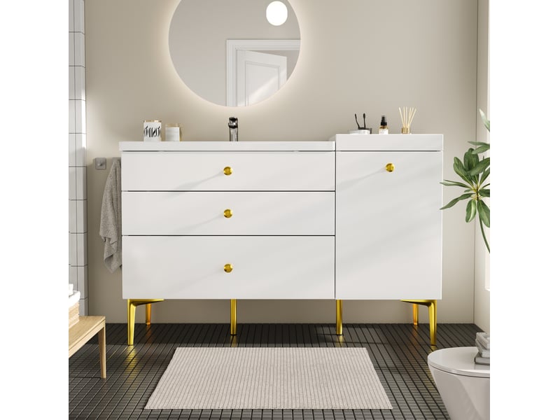  Meuble sous vasque avec lavabo en céramique, 5 tiroirs et placard pour salle de bain, blanc, 120 × 47,5 × 80 cm  - Conforama D