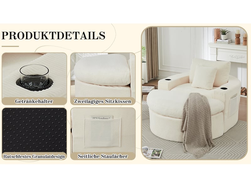  Fauteuil lounge modulable 1 place – beige – pouf amovible, poches latérales et porte-gobelets intégrés  - Conforama B