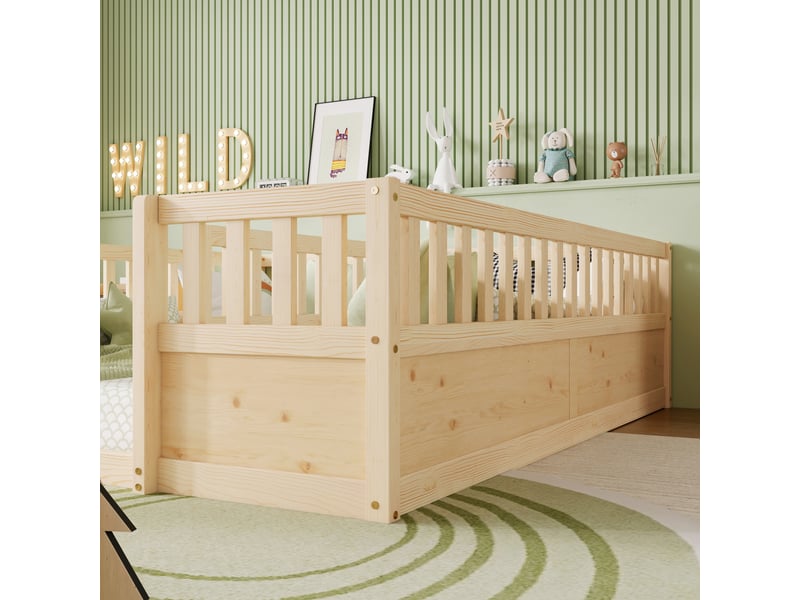 Lit au sol enfant double 90 × 200 cm en bois de pin avec barrières de sécurité semi-fermées - naturel - Conforama E