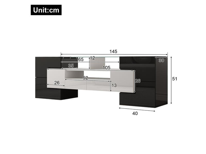  Meuble tv 145 cm, éclairage led multicolore, 6 portes 2 tiroirs, finition laquée en panneau de particules blanc et noir  - Conforama C