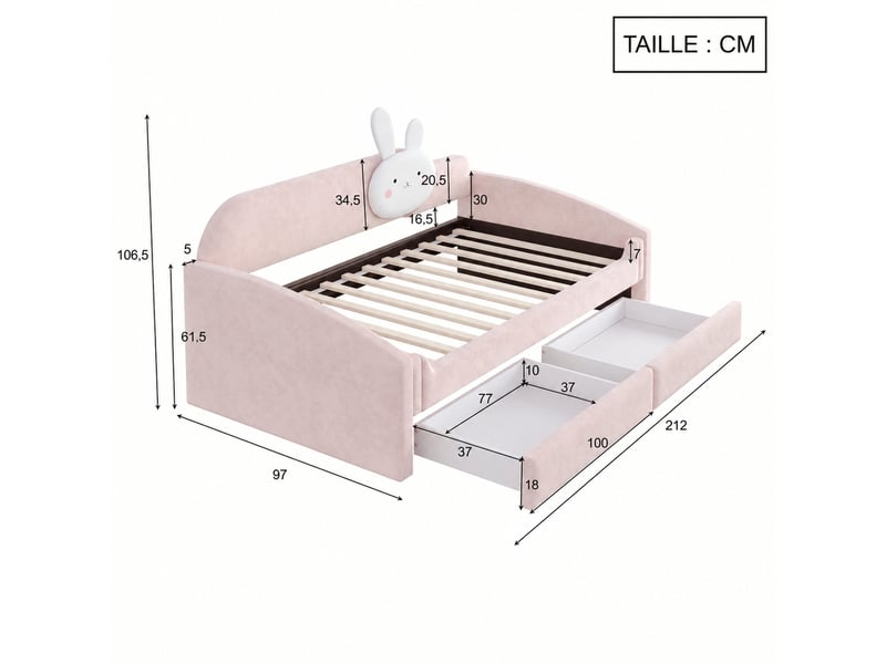  Lit banquette enfant, lit simple 200x90 cm en velours rose avec 2 tiroirs et led, matelas non précisé  - Conforama D