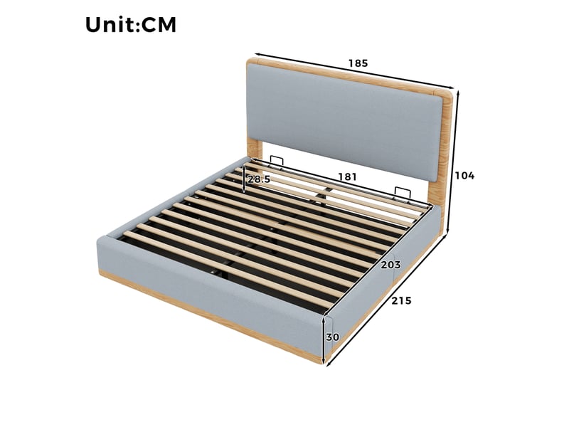 Lit coffre rembourré 180x200 cm avec rangement hydraulique, tête de lit matelassée, sommier à lattes, tissu teddy et pu, gris et naturel - Conforama E