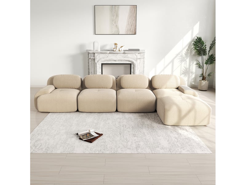 Canapé d'angle modulable modenvie 4 places avec méridienne en velours côtelé beige 388 x 178 x 70 cm - Conforama E