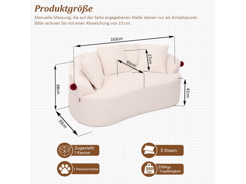  Canapé droit 2 places incurvé avec 3 coussins et pompons décoratifs, sans cadre rigide en velours côtelé blanc  - Conforama C