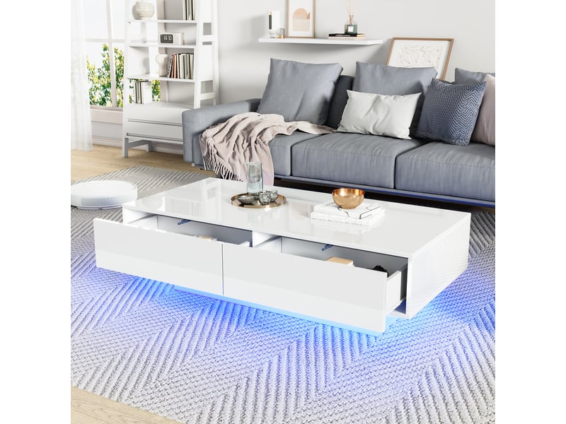  Table basse blanche brillante avec led, 115x55x34 cm, table de salon moderne avec 2 tiroirs, capacité 30 kg  - Conforama C