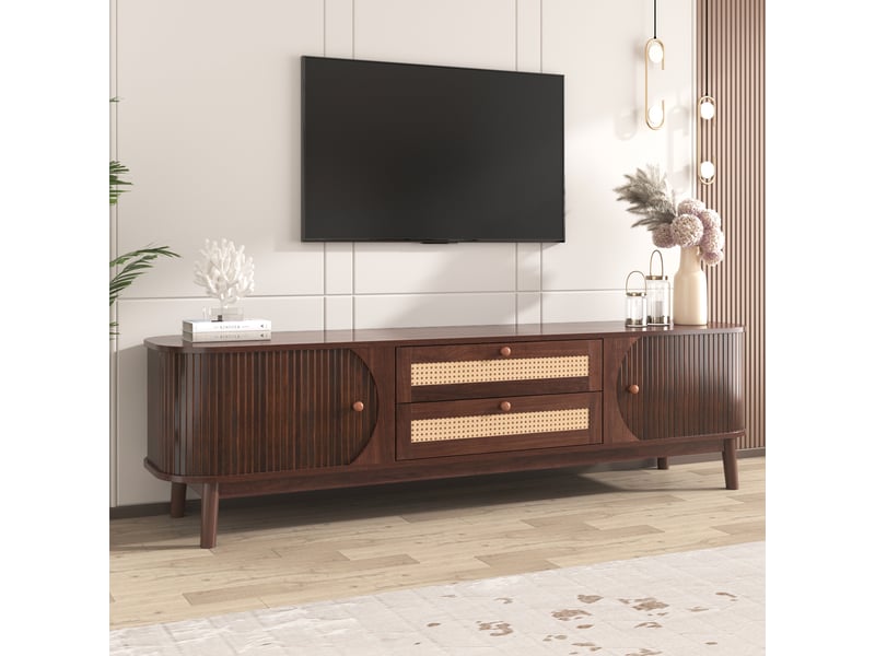  Meuble tv rotin naturel 170 cm avec portes et tiroirs, meuble tv bois massif style campagne, charge 50kg  - Conforama C