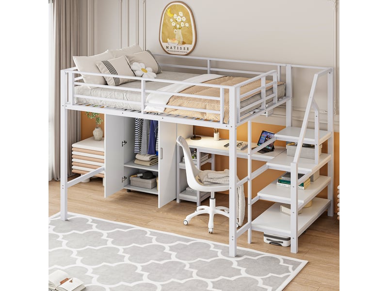  Lit mezzanine enfant 140x200 cm avec bureau, armoire et rangements blanc  - Conforama E