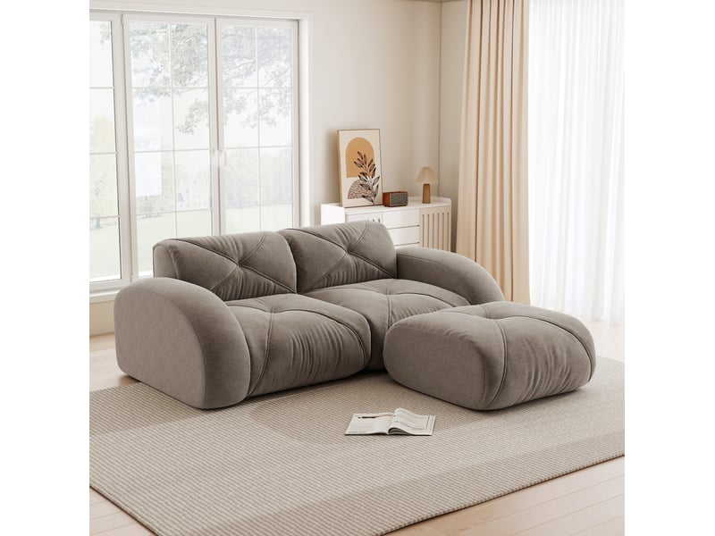  Canapé modulable 2 places taupe en tissu avec pouf, mousse haute densité 32d, confort souple au quotidien  - Conforama E