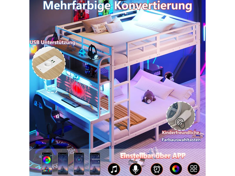  Lit superposé 140x200 cm avec bureau, led multicolore, usb, rangement et étagères, barrières de sécurité, cadre en métal, mdf, blanc Radiant Stride - Conforama E