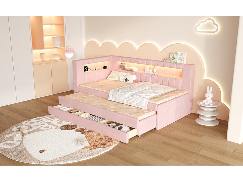 Lit gigogne 90 × 200 et 90 × 190 cm, 3 tiroirs, étagères, led 7 couleurs, ports usb, mdf et tissu effet lin, rose - Conforama B
