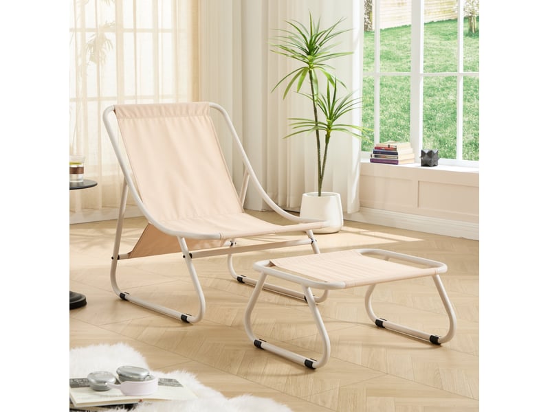  Fauteuil relax extérieur avec repose-pieds 65x78x86 cm – beige – coussin rembourré, structure acier  - Conforama E