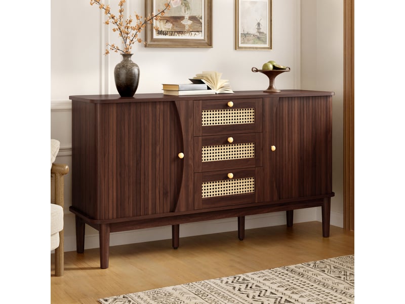  Buffet 141 x 40 x 77 cm en mdf, 3 tiroirs en rotin, portes coulissantes, noyer  - Conforama C
