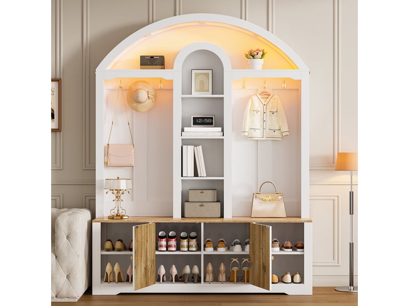  Vestiaire d'entrée, meuble de rangement avec porte-manteau et étagère à chaussures, mdf style scandinave 150x40x195 cm avec ruban led, blanc et bois  - Conforama C