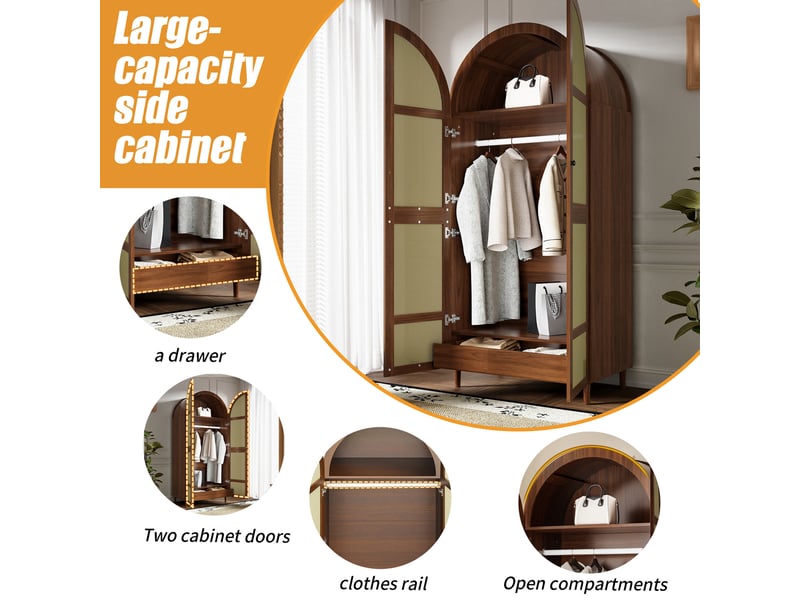  Armoire penderie portes cintrées en rotin avec tiroirs coloris noyer 80x50x179 cm GL8423N - Conforama D